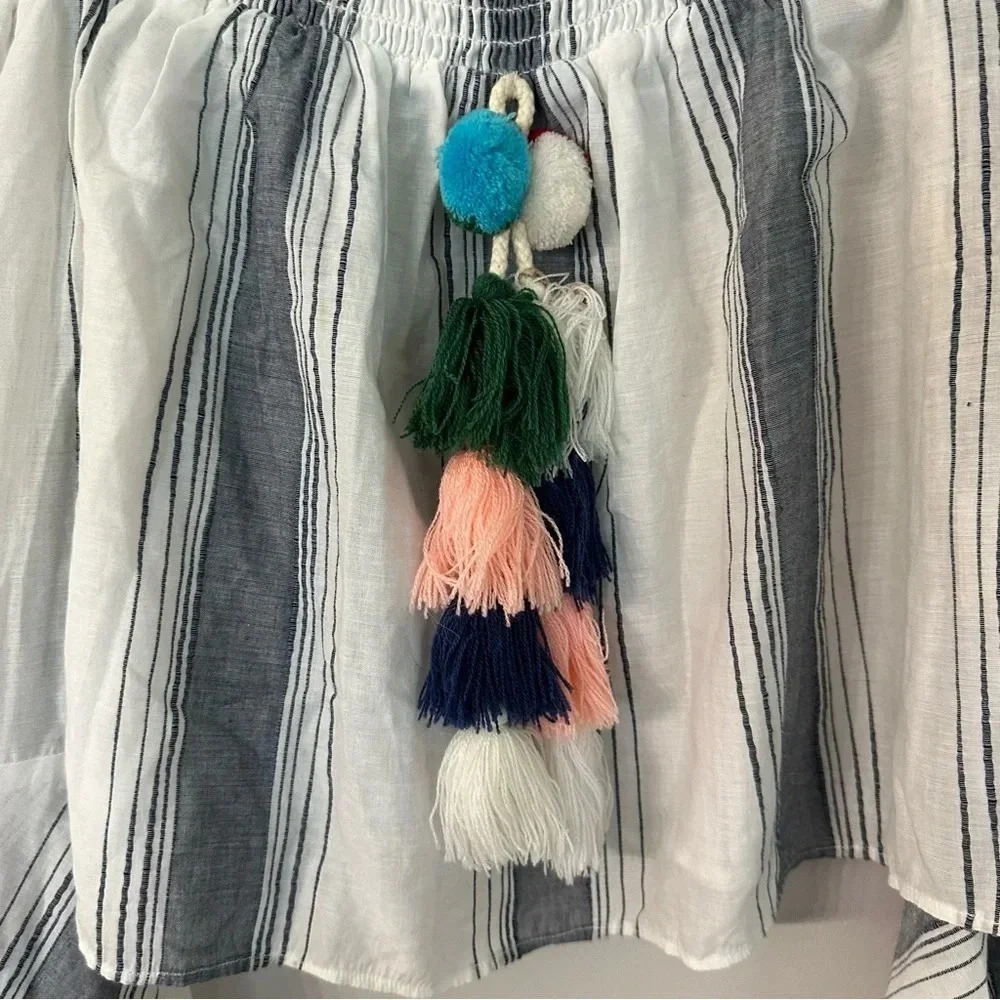 Anthropologie Lilka Women’s Stripe Pom Pom Crop Top Off the Shoulder Size M GUC - Picture 4 of 8